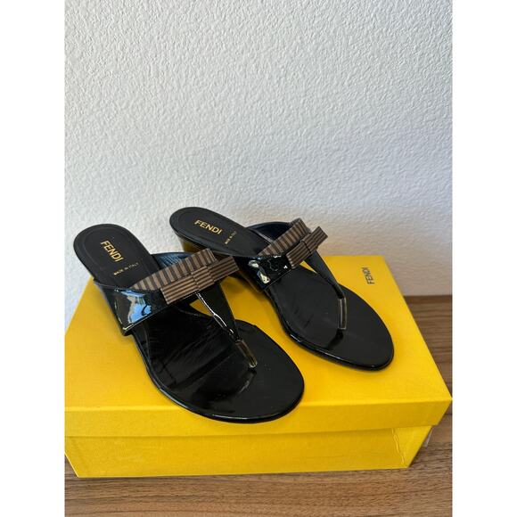 Fendi Black Patent Leather Logo Wedge Sandals – Size 7 (Made in Italy) - Picture 1 of 4